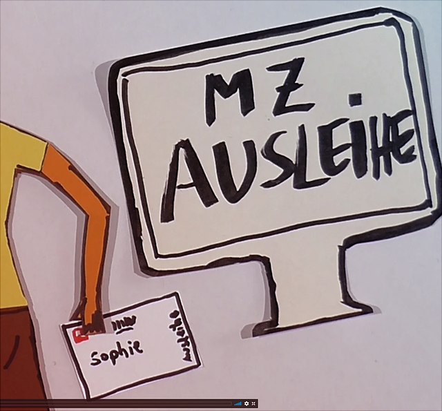 Trickfilm-Bildschirm auf dem MZ-Ausleihe steht.