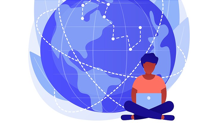 Illustration mit einer sitzenden Person mit Laptop vor einer Weltkugel.