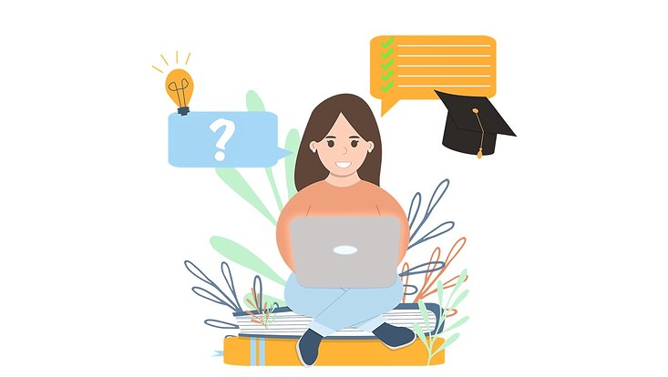 Grafik einer Person, die einen Laptop auf dem Schoß hat. Um sie herum sind weitere Grafiken, alle zum Thema Lernen und Studium