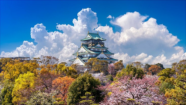 japanisches Schloss vor blaumem Himmel und weißer Wolke hinter blühenden Kirschbäume