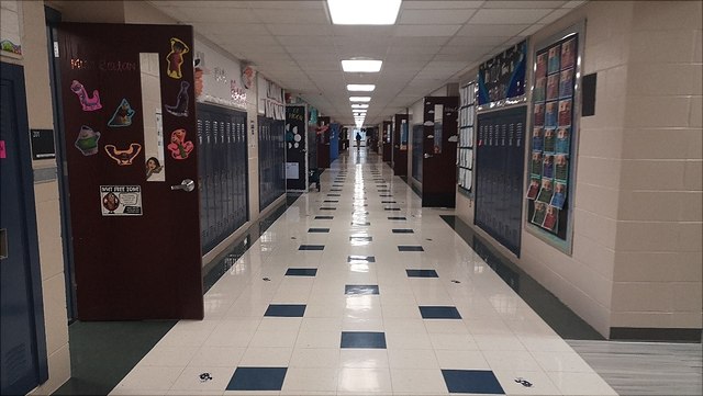 Erfahrungsbericht DiCoT Der Flur eines Schulgebäudes. An den Türen hängen selbstgemalte Bilder