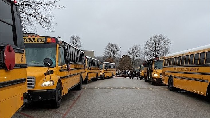 Gelbe Schulbusse stehen vor einer US-Amerikanischen Schule hintereinander gereiht