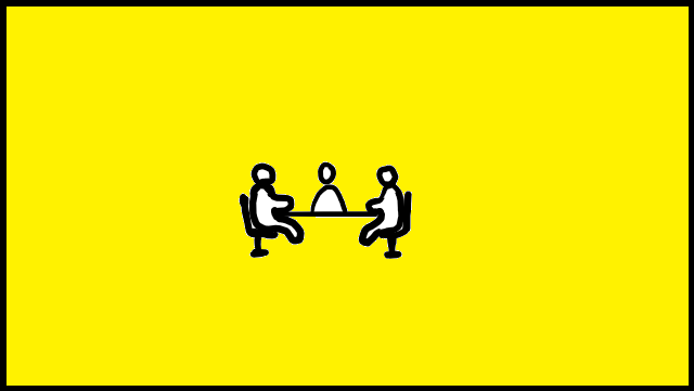 drawing of three stick figures, who work together at a table