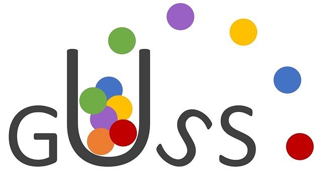 Schriftzug Guss auf weißem Hintergrund. Das U von Guss ist größer dargestellt und es befinden sich mehrere bunte Kreise darin.