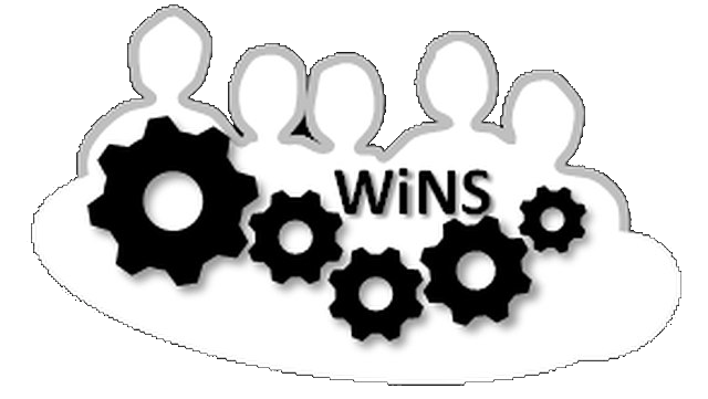 Wins Logo, fünf Umrisse von Köpfen auf weißem Hintergrund darunter 5 unterschiedlich große Zahnräder