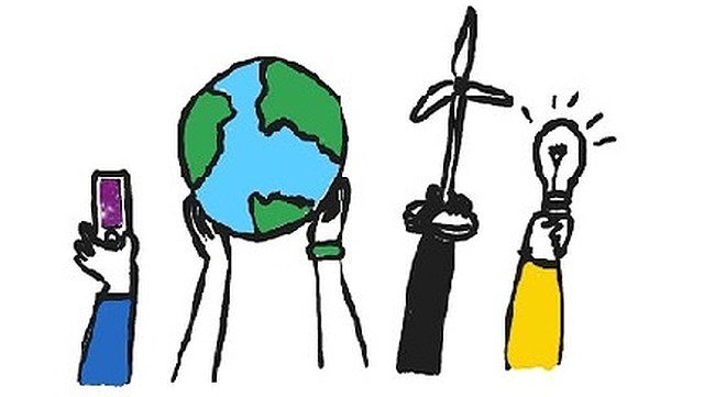 Zeichnung von Armen mehrerer Personen, die jeweils eine Erde, ein Smartphone, eine Glühbirne und ein Windrad als Symbole des MINT- und Geographieunterrichts halten