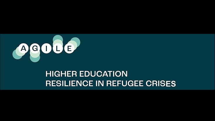 Logo des Projektes AGILE und Schriftzug "Higher Education Resilience in Refugee Crises" auf dunkelgrünem Hintergrund