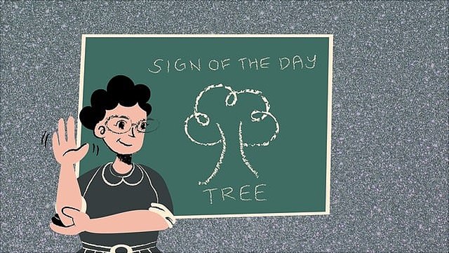 gezeigt wird als cartoon die Gebärde für Baum