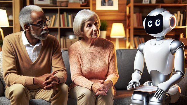 Ein älteres Ehepaar wird von einem Roboter beraten