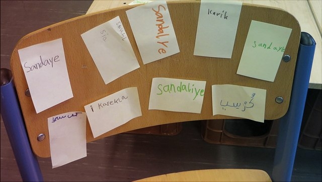 Mehrsprachige Worte für Stuhl an einer Stuhllehne