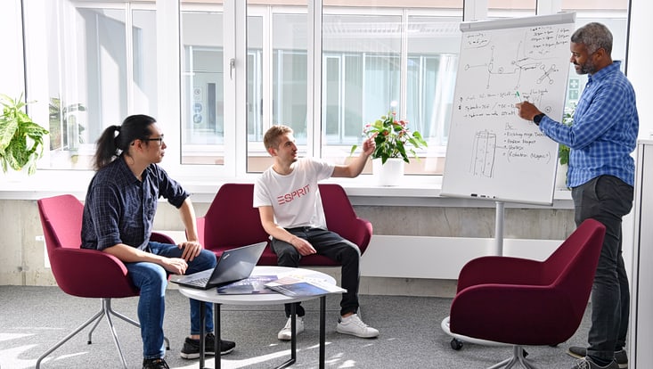 Drei Personen unterhalten sich vor einem Whiteboard