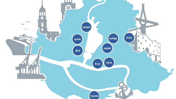 forschungslandkarte-hochschulen-733x414 Stilisiertes Bild von Hamburg mit den Hochulen eingezeichnet.