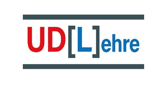 Die Graphik zeigt das Visualkey vom UDLehre-Projekt: Die Buchstaben UD sind dabei groß und rot, das Wort Lehre ist blau geschrieben. Das blaue L wird von grauen Klammern umschlossen, um zu zeigen, dass es sowohl zu UDL als auch zu Lehre dazugehört