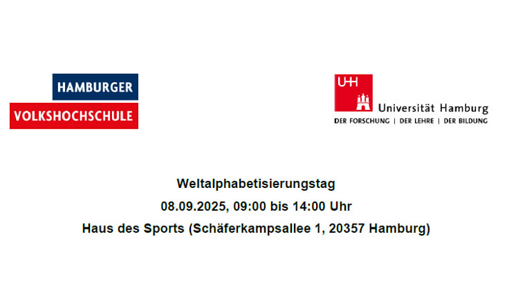 Titel des Programm des Weltalphabetisierungstag mit den Logos der Universität Hamburg und der VHS Hamburg