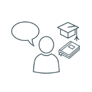lernreise-testimonials-180x180 Person Icon, daneben eine Sprechblase und ein Buch