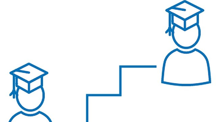 Piktrogramme von zwei Figuren mit akademischen Hut und Treppe zwischen den Beiden
