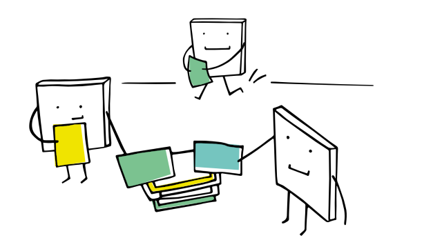 Zu sehen sind gezeichnete Figuren, die Lernmaterialien miteinander teilen.
