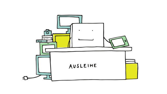 Eine gezeichnete Figur sitzt hinter einem Schreibtisch voller Technik. Auf dem Schreibtisch steht "Ausleihe" und die Figur hält lächelnd ein Tablet nach vorne.
