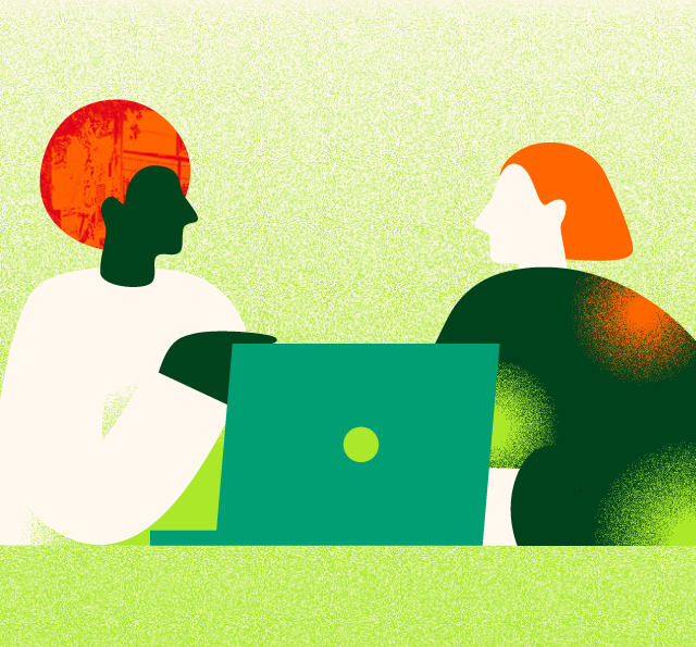 Illustration: Zwei stilisierte Personen sitzen vor einem Laptop und scheinen gemeinsam daran zu arbeiten.