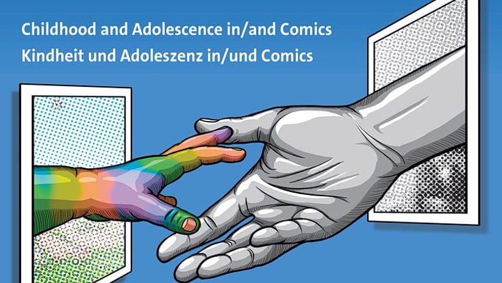 Zwei Hände greifen nacheinander und darüber steht "Childhood and Adolescence in/and Comics" und "Kindheit und Adoleszenz in/und Comics"