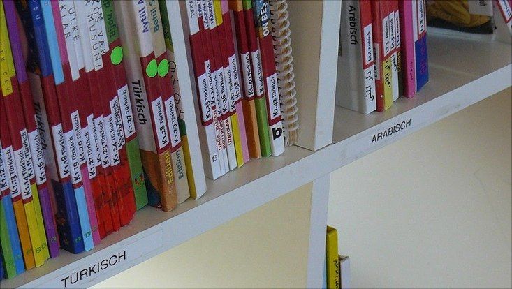Ausschnitt aus der Schülerbibliothek mit Büchern in verschiedenen Sprachen.