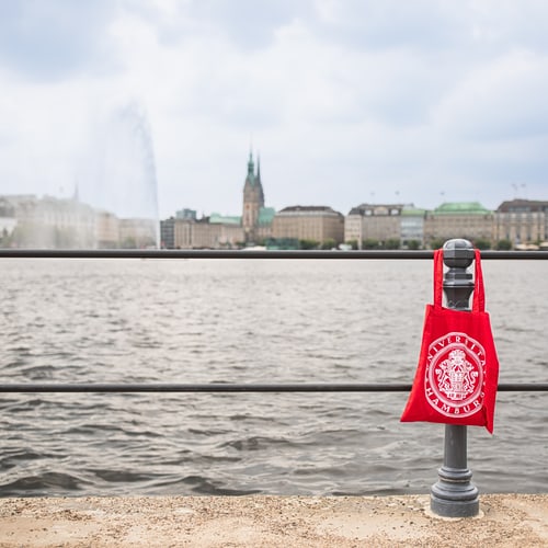 Blick auf die Alster - an einem Geländerpfosten hängt dekorativ ein roter Beutel mit dem UHH-Logo