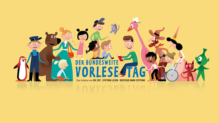 Illustration mit Kindern, Tieren und Erwachsenen, denen vorgelesen wird.