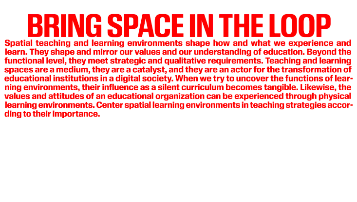 Textgrafik: Lernräume prägen, wie und was wir lernen. Sie spiegeln Werte, wirken wie ein stiller Lehrplan und sollten zentral in Lehrstrategien einbezogen werden