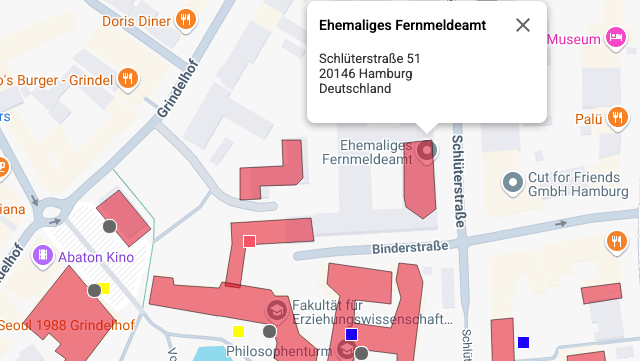 Karte mit markiertem Standort: Ehemaliges Fernmeldeamt, Schlüterstraße 51, 20146 Hamburg, Deutschland