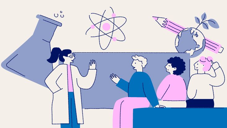 Eine Illustration zeigt eine Froscherin, die drei jungen Menschen, die ihr gegenübersitzen etwas präsentiert. Im Hinterrgund eine Tafel, ein Reagenzglas, eine Atomzeichnung, eine Erde, ein Stift. Alle Personen sehen glücklich und interessiert aus.