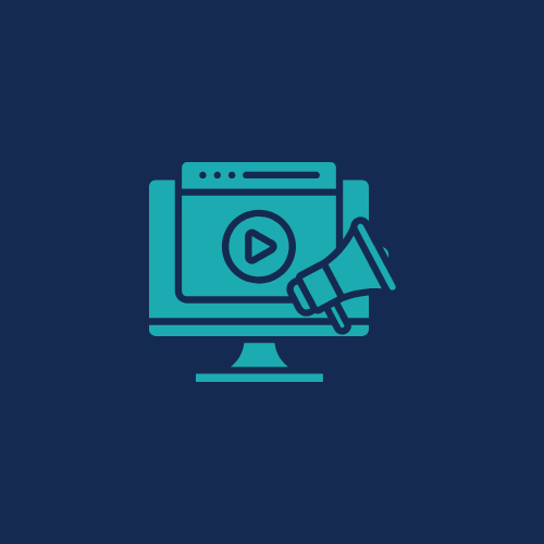 Icon, das einen PC, einen Videoplayer und ein Megafon zeigt