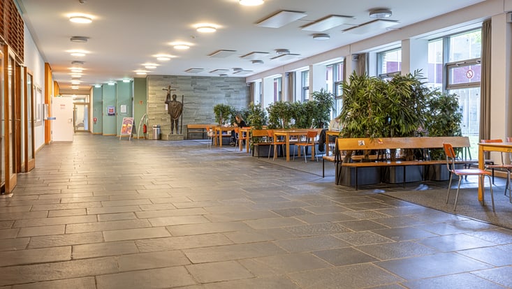 Zu sehen ist das Foyer des Von-Melle-Park 8. Auf der rechten Seite sind Bänke, Tische, Stühle und Pflanzen. Zentral ist ein langer Flur.