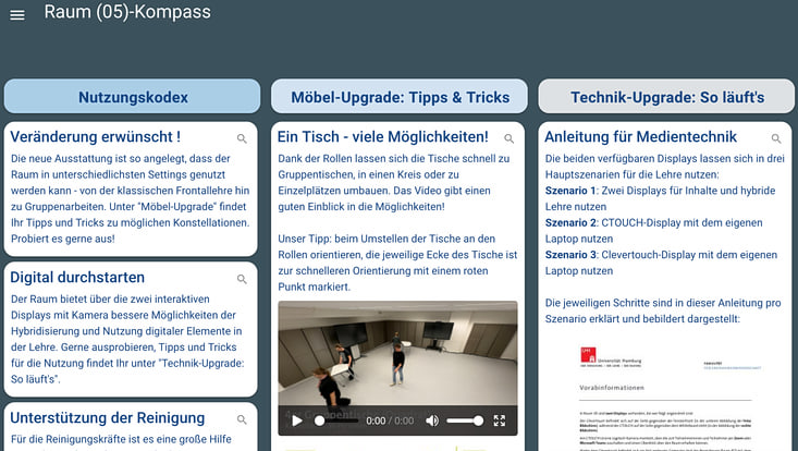 Zu erkennen ist ein Screenshot aus dem Raumkompass zu Raum 05. Darin sind unterschiedliche Reiter wie "Nutzungscodes" oder "Möbel-Upgrade: Tipps & Tricks" zu erkennen. Ein Link zu dem Kompass befindet sich auf der Seite.