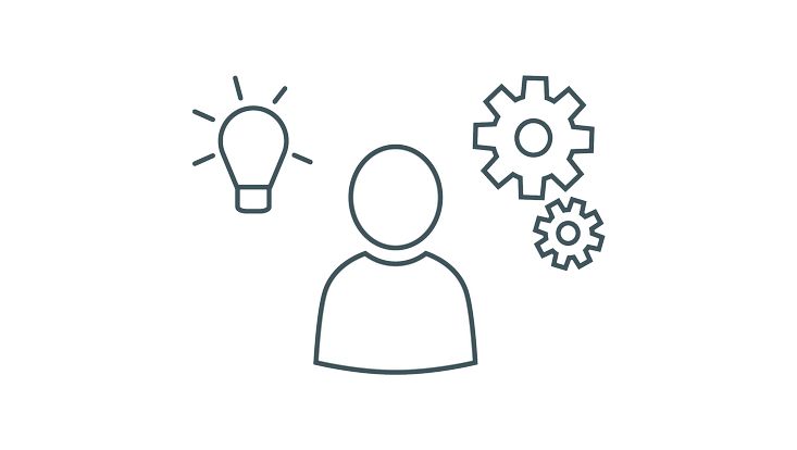 Icon einer Person mit einer Glühbirne auf der linken und ineinandergreifenden Zahnrädern auf der rechten Seite