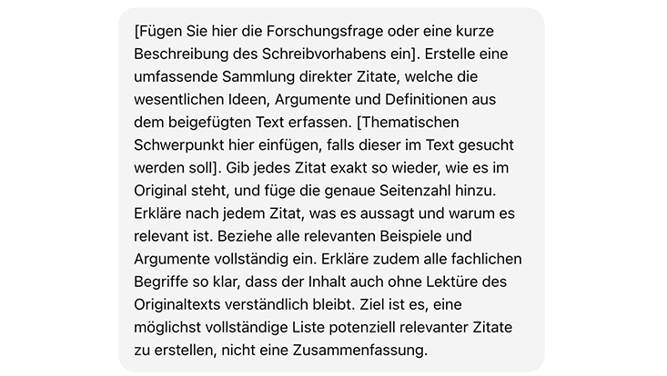 Dargestellte Prompts zusammengefasst: Aufforderung zur Erstellung einer detaillierten Zitatliste aus einem Text mit Seitenzahlen, Erklärungen zu Bedeutung und Relevanz der Zitate sowie verständlicher Erläuterung aller Fachbegriffe, ohne zusammenzufas