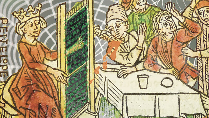 Digital verfremdete mittelalterliche Illustration von Penelope am Webstuhl. Statt Fäden erscheinen Binärzahlen. Ein unordentlicher Tisch mit verschüttetem Getränk und Glitch-Elemente verbinden historische Arbeit mit digitaler Technologie.
