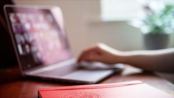 aufgeklappter Laptop auf dem unklar Videokonferenz zu erkennen ist