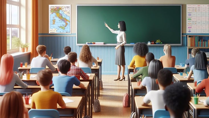 KI-generiertes Bild eines Klassenzimmers, in dem gerade Unterricht stattfindet.