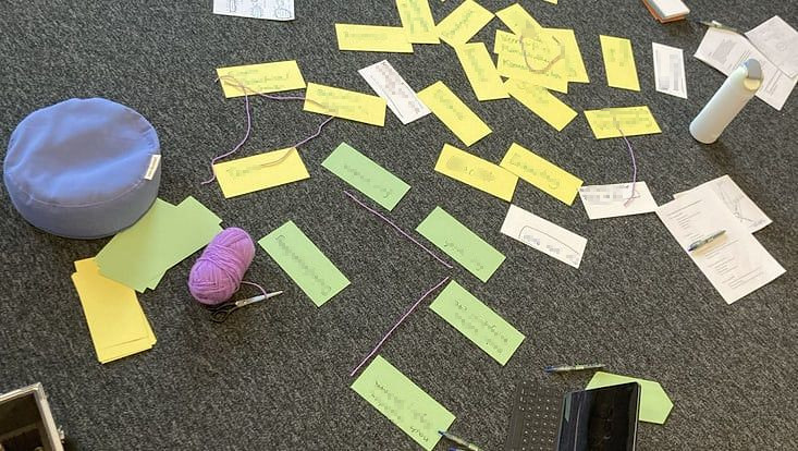 Auf Teppichboden sind viele bunte Karteikarten verteilt. Außerdem ein lila Wollknäuel, eine Schere,ein blaues Sitzkissen, ein aufgeklappter Laptop, eine Trinkflasche, ausgedruckte Dokumente und Stifte.