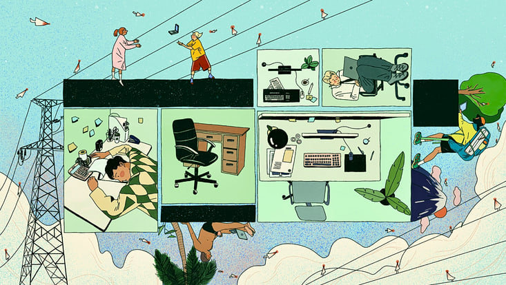 Digitale Illustration: Menschen arbeiten mit Laptops in einer grünen Landschaft, teils auf schwebenden Geräten. Strommasten und Kabel durchziehen die Szene. Am Himmel fliegen Vögel als Mauszeiger – Symbol für digitale Chancen und Risiken.