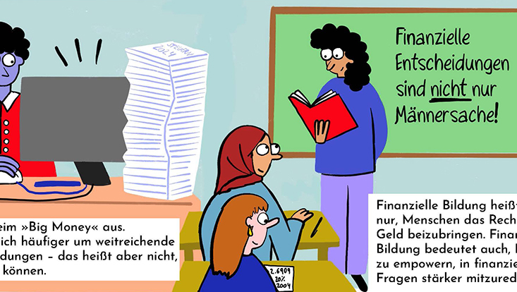 Teil einer Comicseite, die beschreibt, dass Frauen meist wenig Mitsprache in finanziellen Belangen haben