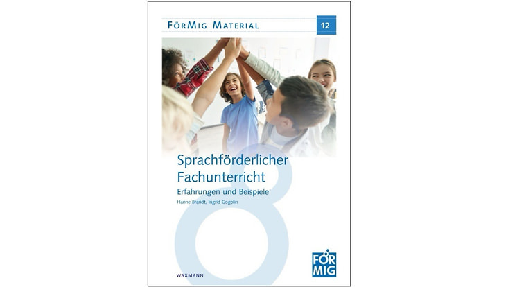 Buchcover der Neuerscheinung „Sprachförderlicher Fachunterricht“, weiß-blaues Cover; Bild von 5 Kindern, die sich gegenseitig abklatschen