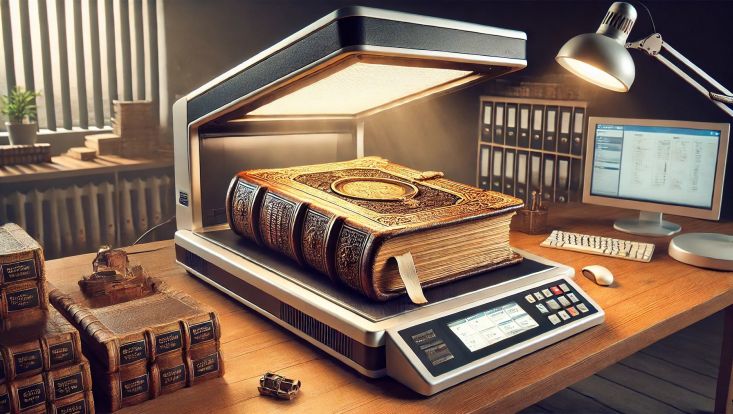 altes Buch auf modernem Buchscanner