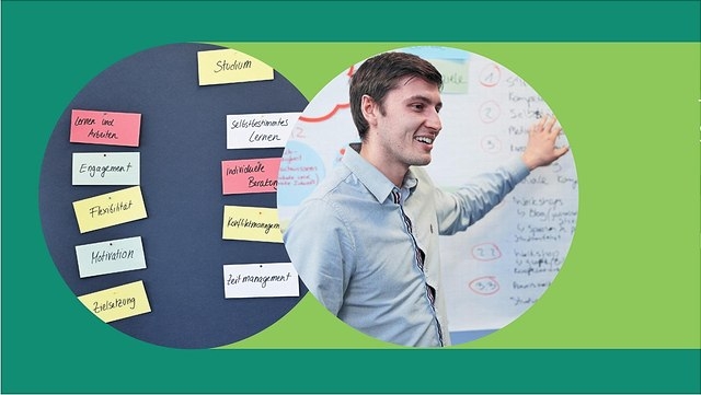 Student erklärt etwas am Whiteboard.