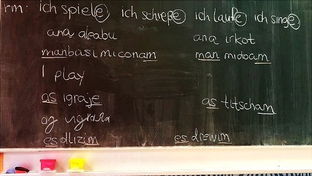 konjugierte Verben auf Tafel, mehrsprachig