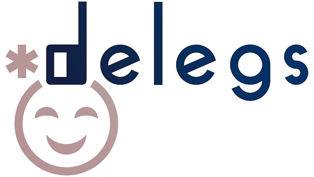 Schriftzug delegs in blau mit grauem Smiley links unten