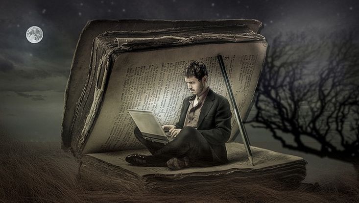 Laptop-Nutzer im Buch