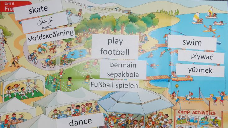 Auf einem Poster stehen Verben in mehreren Sprachen