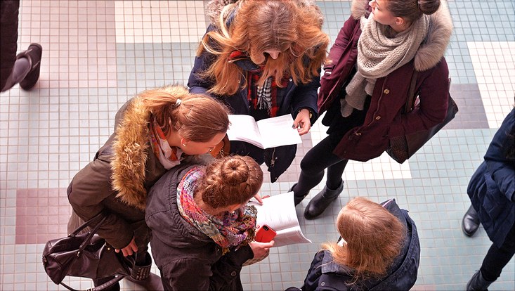 Studentinnen lesen Informationen der Universität.