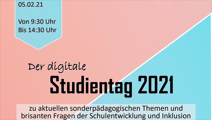Collage in hellblau und rosa mit Schriftzug zum Studientag 21